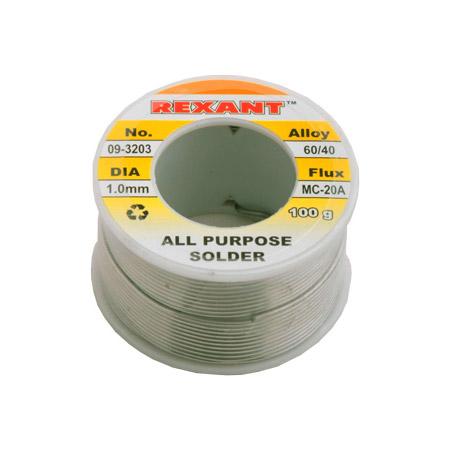 Припой с канифолью REXANT D 1мм, 100 гр. (Sn60 Pb40 Flux 2.2%) 09-3203