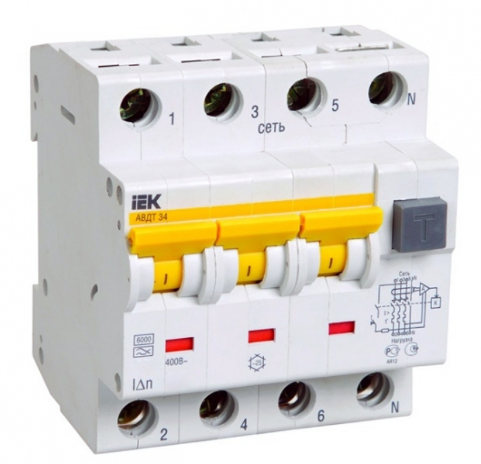 Дифференциальный автомат  4П  25А   30мА  IEK  АВДТ-34  характеристика С